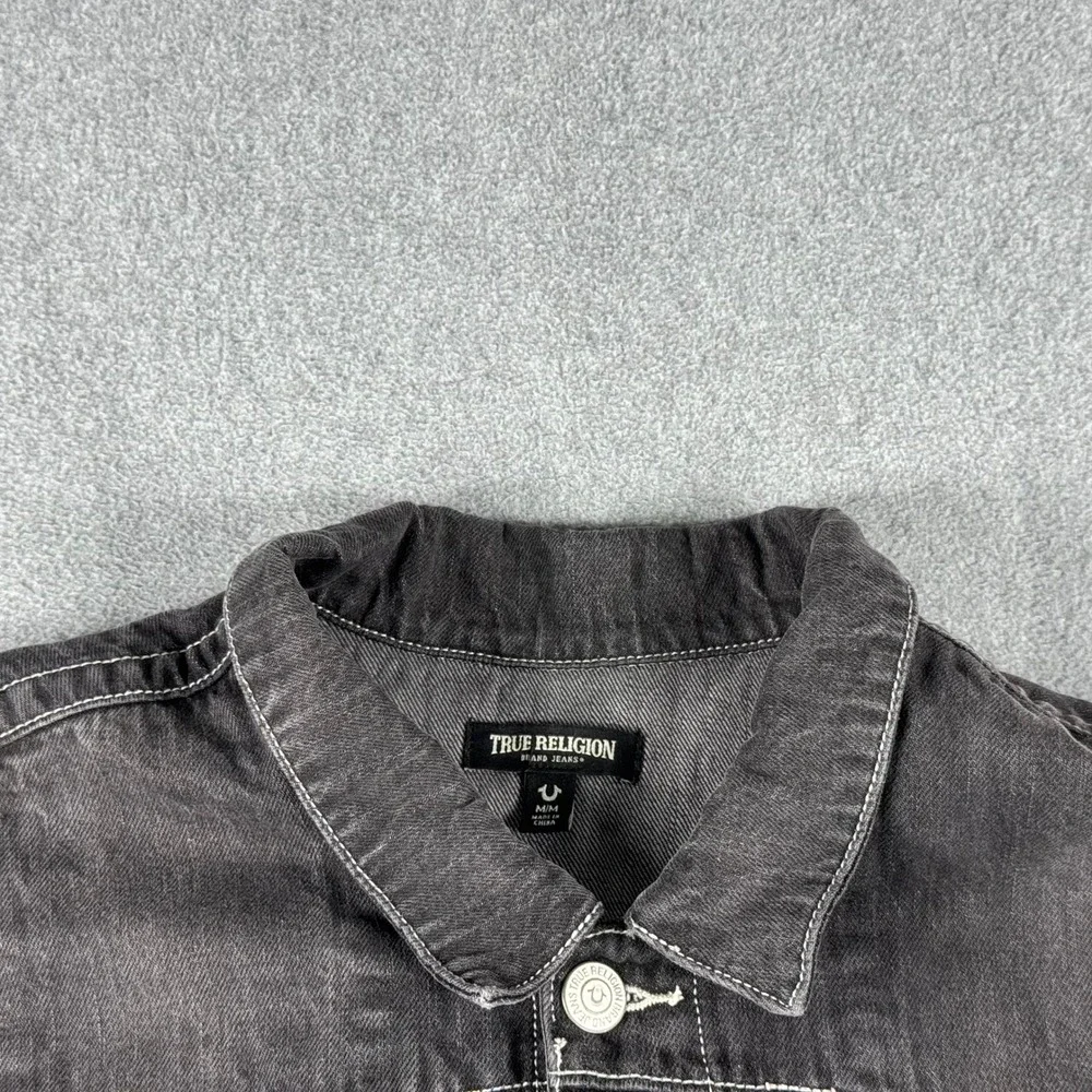True Religion Denim Jacket Mens Medium Black Y2K Trucker Workwear Hip Hop Grunge